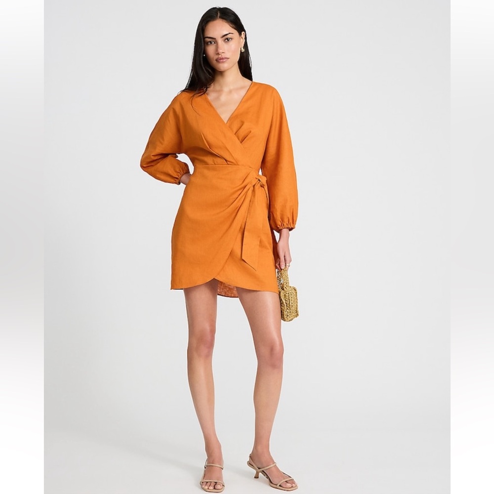 Express Linen Blend V-Neck Long Sleeve Tie Wrap Mini Sheath Dress NWT Size M - Picture 2 of 10